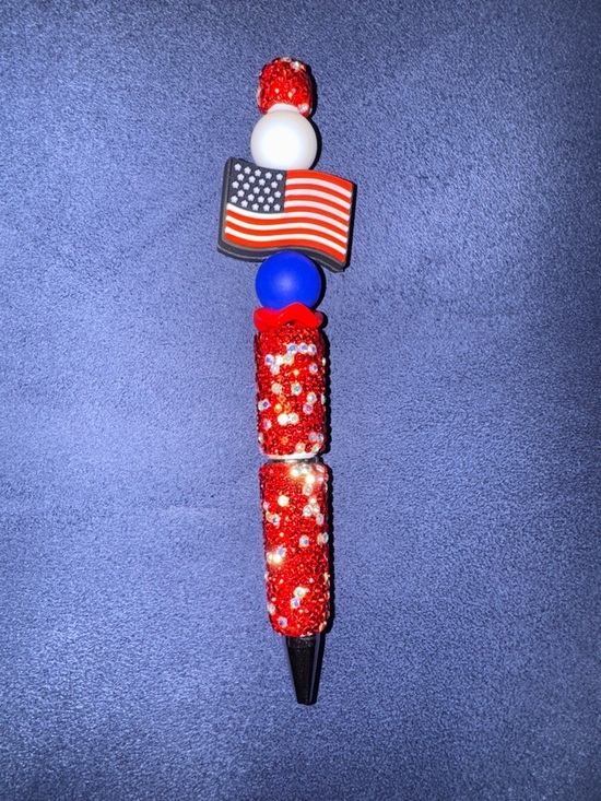 Hand Crafted Other - Patriotic Red Bejeweled Decorative Pen with American Flag, NEW, Handcrafted